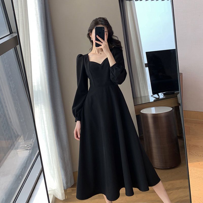 Winter Clothing Colors - Temperament Black Midi Dress Spring Autumn